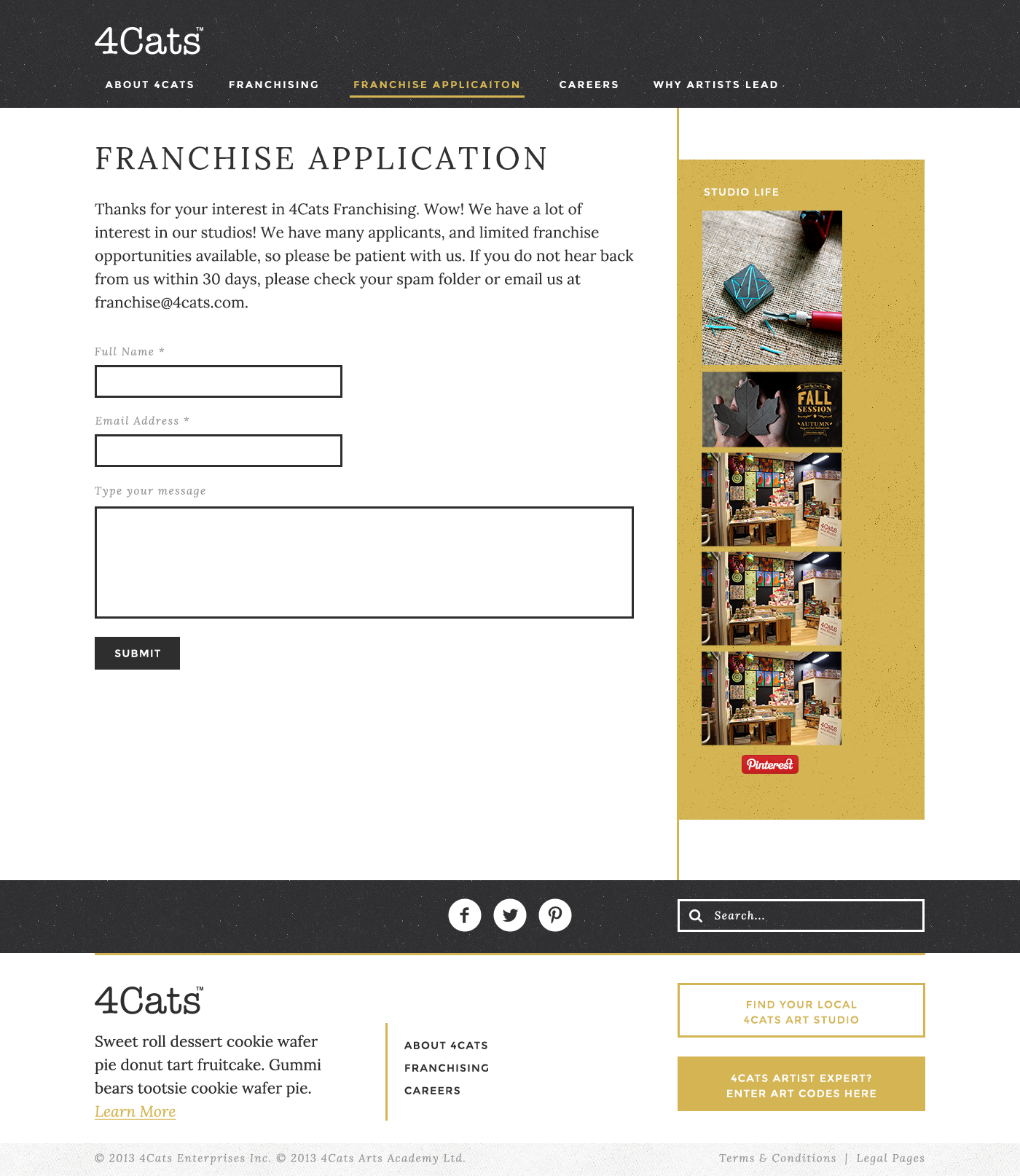 franchise application page on a web design project