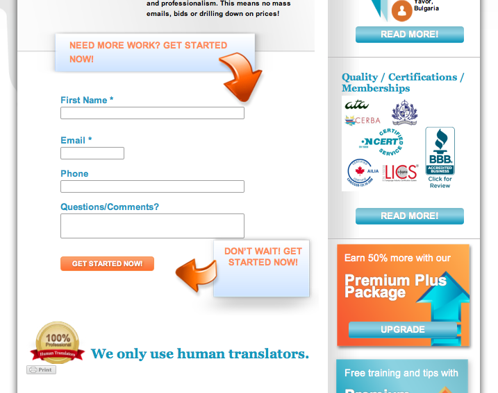 Call to action designed on website forms